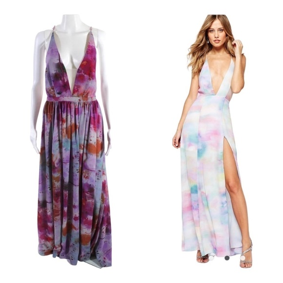 NWT FAME AND PARTNERS Valentina Open Back Maxi Gown Pink Watercolor Size 6 - Picture 1 of 12